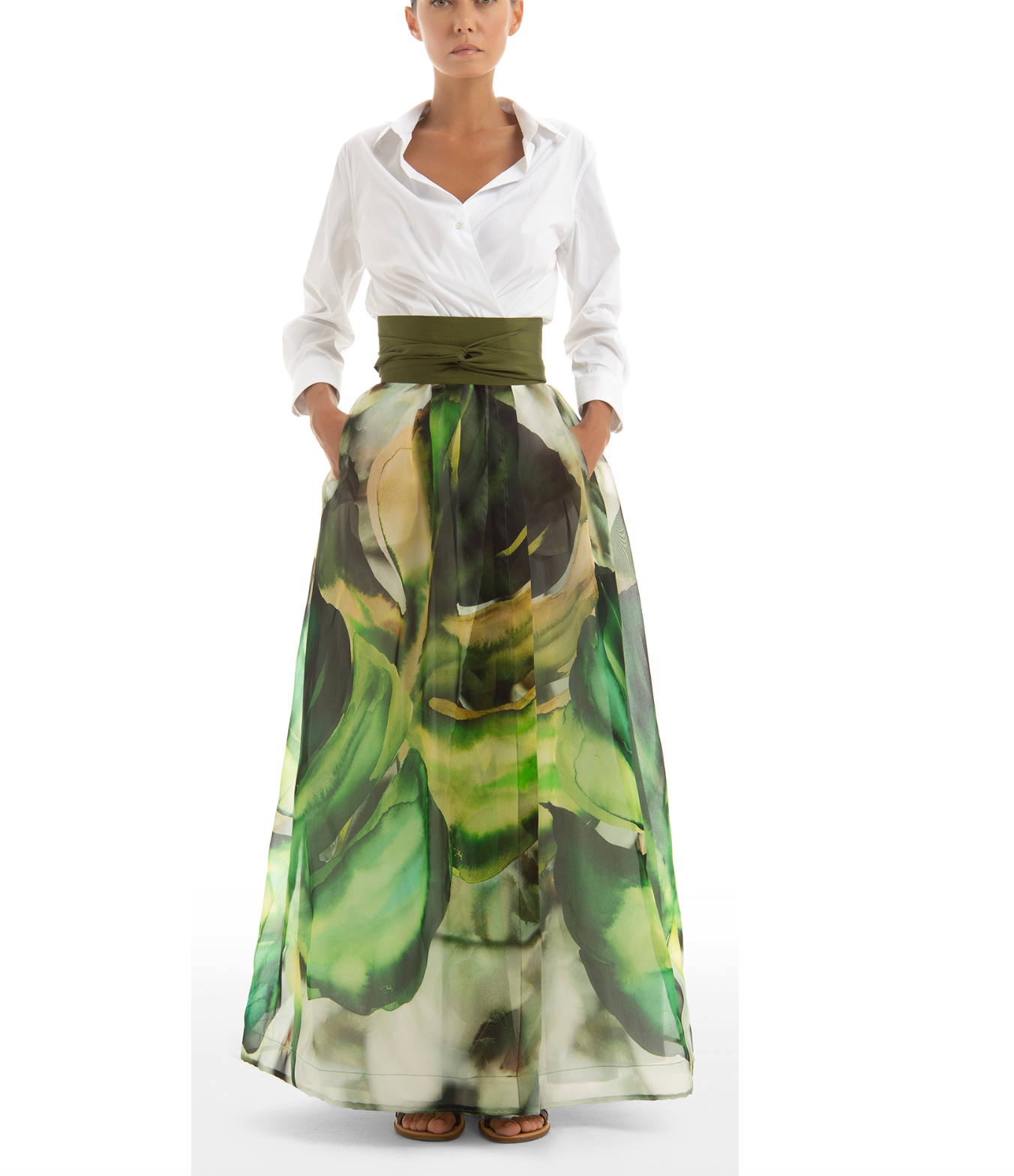Sara Roka Jinny Green Leaf Print Gown
