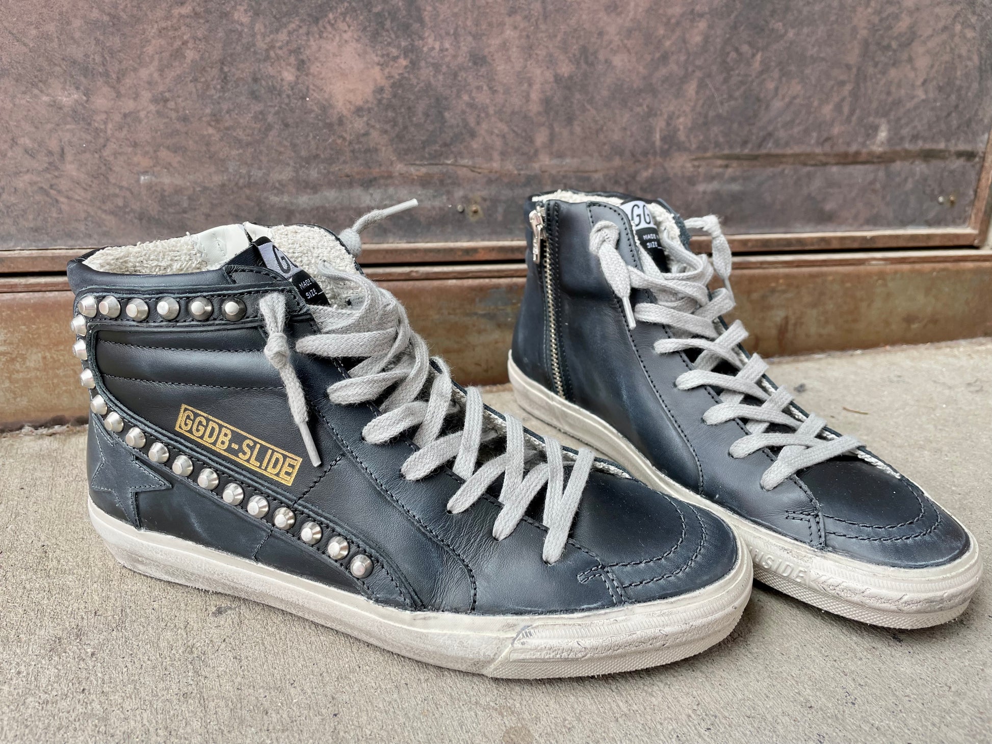 Golden goose black leather studded slide sneakers sales