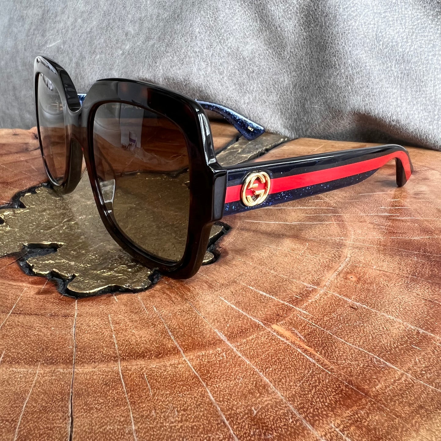 Gucci Square Tort Frames Blue Red Arm Sunglasses