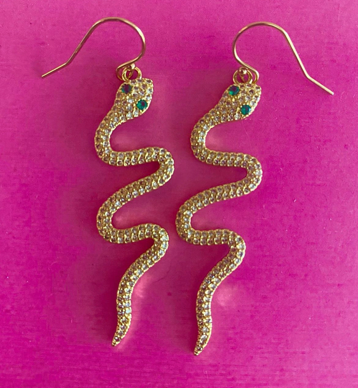 Ruby & Violet Gold Snakey Earrings w/Green Eyes