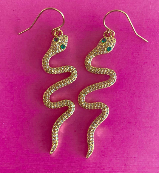 Ruby & Violet Gold Snakey Earrings w/Green Eyes